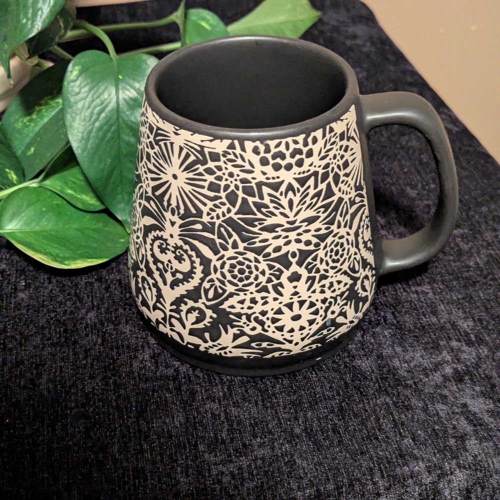 Opal House Matte Dark Brown/Cream Abstract Stenciled Stoneware Coffee/Tea Mug